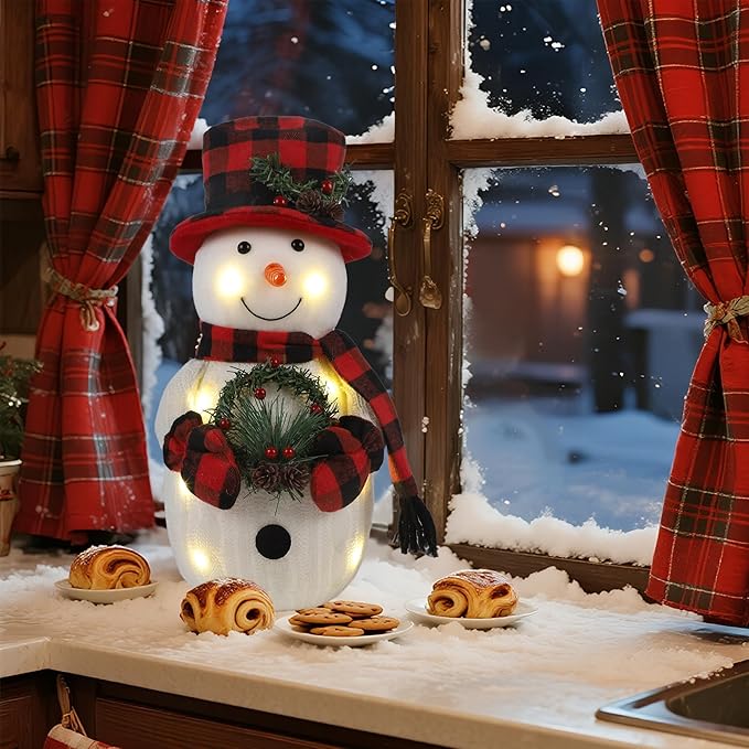 Christmas Lighted Snowman, 12" Snowman with Wreath Christmas Table Decorations, Red Black Plaid Snowman Xmas Decor for Home Kitchen Holiday Party