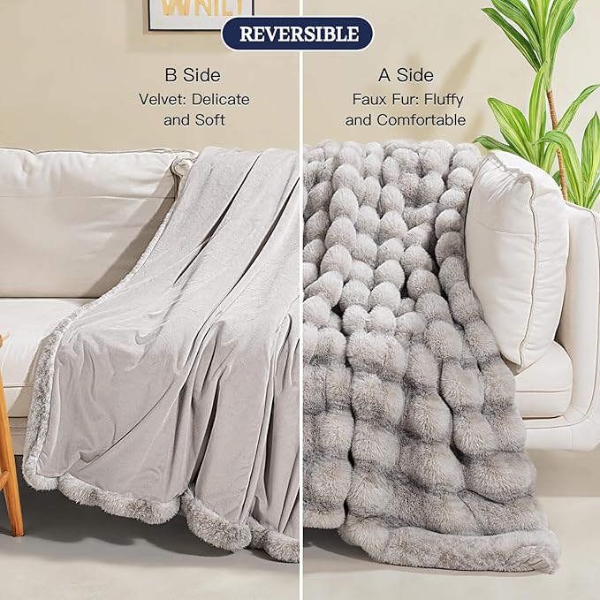 NEXHOME PRO Faux Fur Throw Blanket, Ultra Soft Cozy Warm Fuzzy Fluffy Plush Reversible Blanket for Couch, Sofa, Bed, Home Decor Gift, Tie-dye Grey 5060