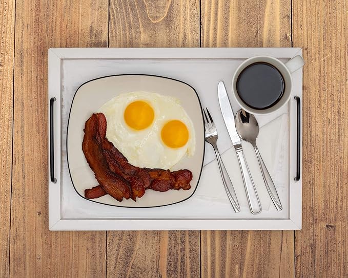 Besti Rustic Vintage Food Serving Trays (Set of 2) | Nesting Wooden Board with Handles | Stylish Farmhouse Decor Serving Platters | Large: 15 x2 x11” - Small: 13 x2 x9” inches (Rustic Off White)