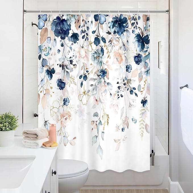 Small Stall Flower Shower Curtain 54Wx78H Inch Blue Pink Floral Spring Wilfflower Rustic Eucalyptus Leaf Boho Plant Botanical Bathroom Set Girls Bath Curtain Bathtub Accessories Home Decor