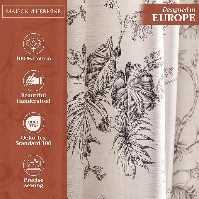 Maison d' Hermine Curtains for Living Room 100% Cotton 96 inch Length One Panel Light Filtering Toile Curtains for Bedroom Windows with Rod and Loop Pockets Drapes (Jouy Paradise Grey, 50" W x 96" L)