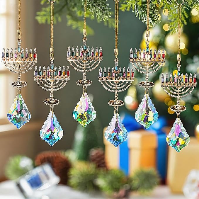 6 PCS Hanukkah Menorah Hanging Ornaments, Crystal Suncatchers for Christmas Tree, Halloween & Hanukkah Decor, Window Suncatchers & Gift