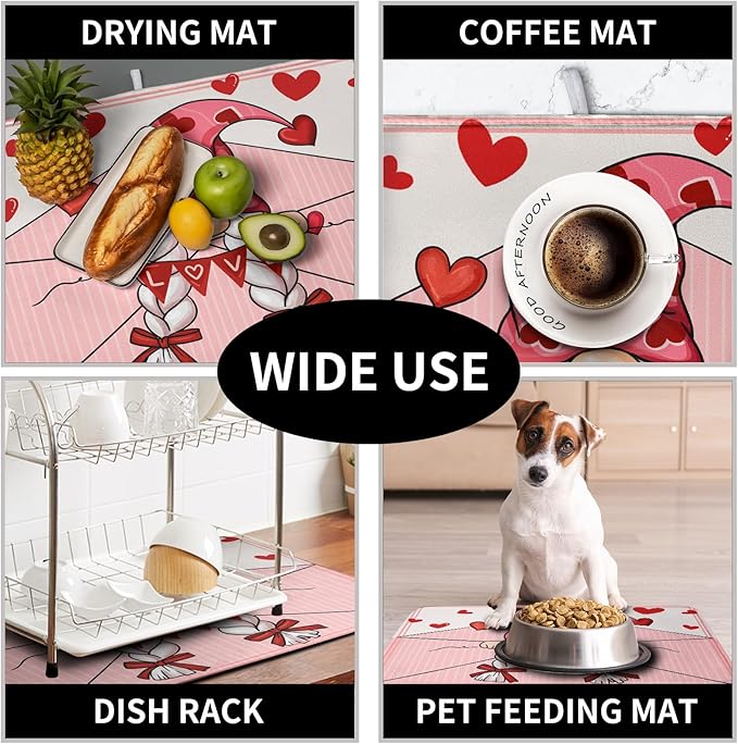Valentine's Day Love Letter Dish Drying Mat for Kitchen Counter, Love Letter Gnome Absorbent Dish Pad Large Dish Drainer Mats for Countertop 16x18 Inch