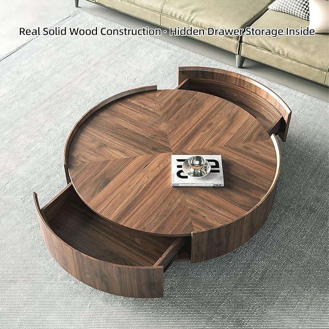 Luxury Solid Wood Coffee Table with Hidden Drawer, Fully Assembled Square Center Table for Living Room, Raised Edge Design, No Installation Needed, Premium Walnut Finish (39.37" Round Coffee Table)