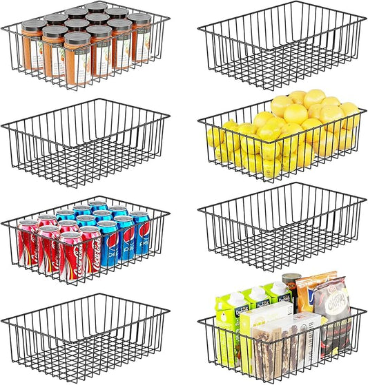 Simple Trending 8 Pack Large Wire Baskets for Organization, Metal Pantry Storage Baskets for Cabinet, Kitchen, Garage, Bathroom, Black
