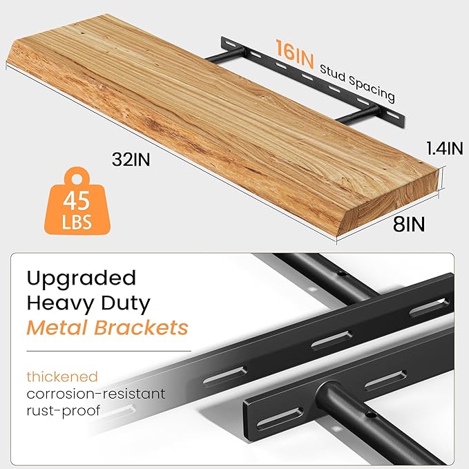 Fun Memories Floating Shelves for Wall Decor, Rustic Solid Elm Wood Live Edge Floating Shelves Wall Mounted, Heavy-Duty Shelf with Invisible Bracket for Living Room Kitchen, 32 Inch Set of 2, Natural