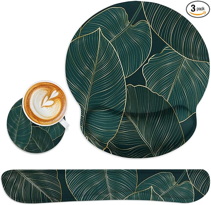 Britimes Ergonomic Mouse Pad Set with Wrist Rest Green Palm Leaves Non-Slip Rubber Base Wrist Cushion Support and Coasters Mousepad with Wrist Support for Computer Keyboard and Desk