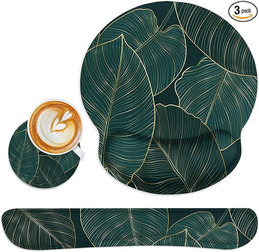 Britimes Ergonomic Mouse Pad Set with Wrist Rest Green Palm Leaves Non-Slip Rubber Base Wrist Cushion Support and Coasters Mousepad with Wrist Support for Computer Keyboard and Desk