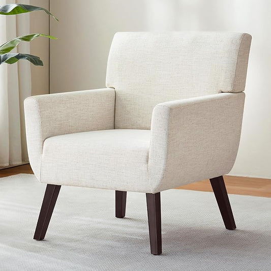 Upholstered Accent Chair,Mid Century Modern Linen Fabric Small Living Room Chair with Arm,Comfy Wingback Armchair for Bedroom Reading Beige