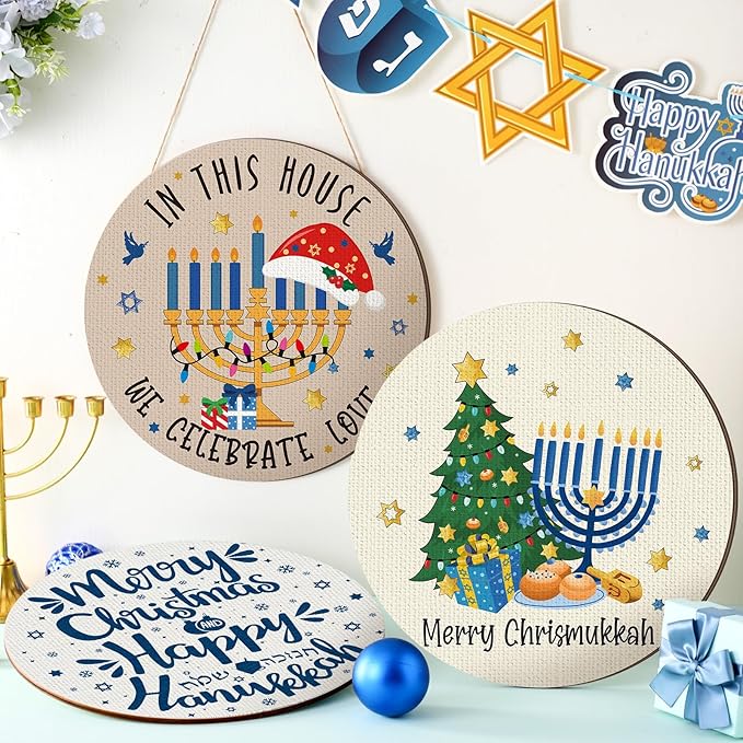Blosssound 3 Pcs Door Decorations Front Hanging Door Sign Hanging Ornament Wooden Wall Sign Hanger for Celebrations Farmhouse Home Living Room Party Supplies(Happy Hanukkah)