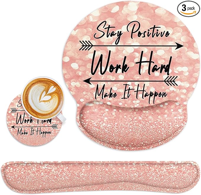 Britimes Pink Rose Gold Ergonomic Mouse Pad Set with Wrist Rest Non-Slip Rubber Base Wrist Cushion Support and Coasters Mousepad with Wrist Support for Computer Keyboard and Desk