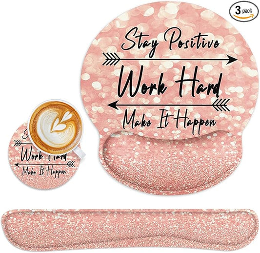 Britimes Pink Rose Gold Ergonomic Mouse Pad Set with Wrist Rest Non-Slip Rubber Base Wrist Cushion Support and Coasters Mousepad with Wrist Support for Computer Keyboard and Desk