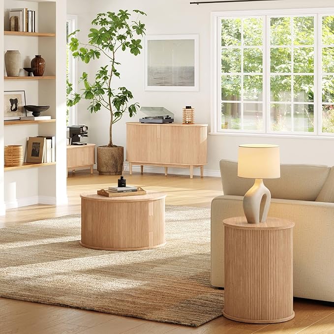 LINSY HOME Round Fluted End Table, Tall Side Table with Sliding Tambour Door and Storage Shelf, Modern Bedside Table, Mid-Century Nightstand for Living Room, Bedroom, Oak