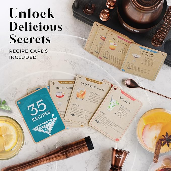 BARE BARREL® Mixology Bartender Kit Bar Set | 14-Piece Cocktail Shaker Set | Martini Barware Mixing Tools for Home Bartending | 35 Recipe Cards | Gift Set (28oz Boston Shaker, Copper/Black)