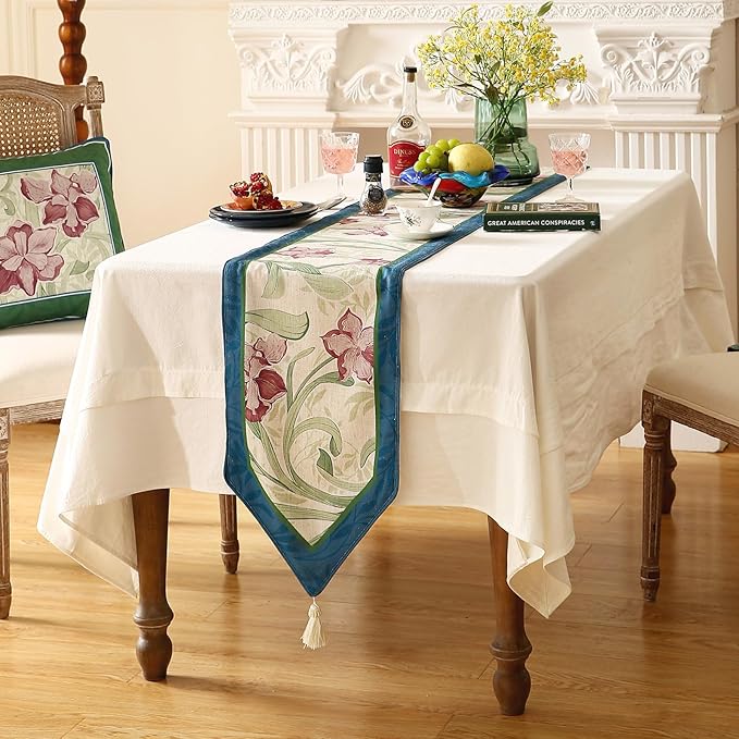 patdrea Designer Elegant Bright Linen Table Runner 71 Inch Long, Mauve Iris Floral Pattern Table Mat, Decoration for Kitchen Dining Table Coffee Table Shelf Cabinet Banquet Christmas ,12"*71"