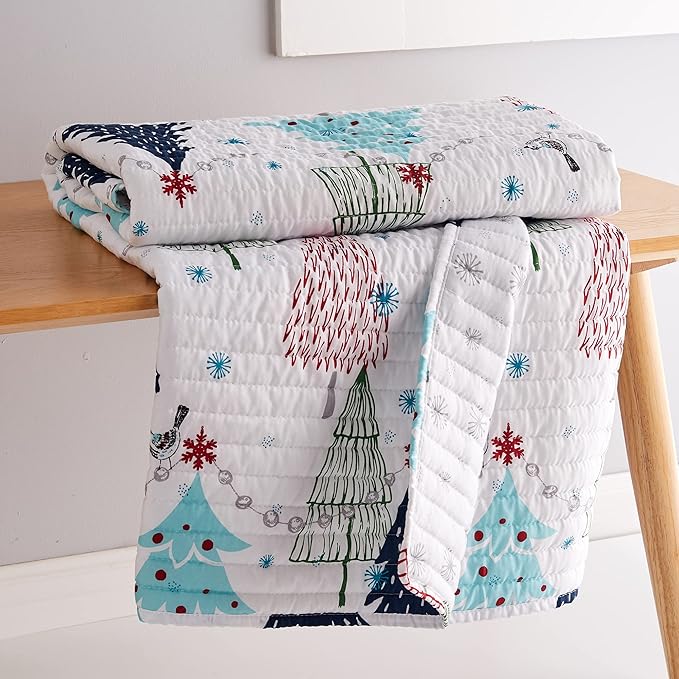 Levtex Home Merry & Bright Collecion - White Pine - Throw - Christmas Tree - Blue, Red, Green and White - Holiday Quilted Throw Size 50x60in. - Polyester