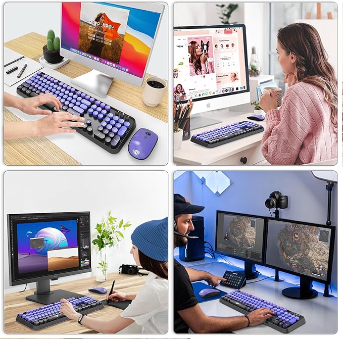 FD Wireless Keyboard and Mouse Combo | Cute Colorful Keyboard and Mouse with 2.4GHz Cordless Retro Typewriter Keyboard | Auto-Sleep | USB Receiver for Windows PC/Laptop - Black Purple Gradient