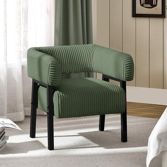 Yaheetech Corduroy Barrel Accent Chair, Modern Upholstered Armchair with Solid Wood Legs, Cozy Leisure Chair with Pocket Coiled Seat for Living Room, Bedroom, Reading Nook Dark Green