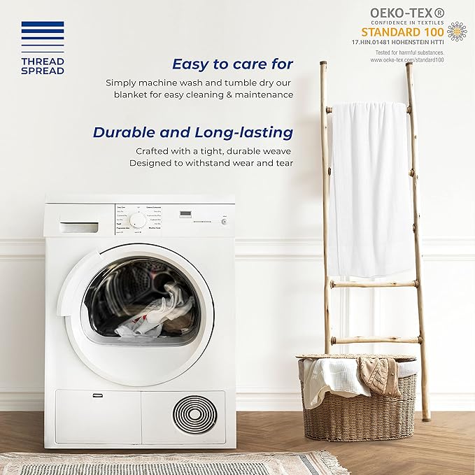 THREAD SPREAD Organic GOTS Cotton Blanket, Full/Queen - 350 GSM, Antistatic, Fuzzy Soft, Lightweight, Sofa, Camping & Travel, Perfect Herringbone All Seasons Throw, White with Free Tote Bag