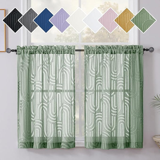 Simplebrand Sheer Sage Green Curtains Kitchen 36 Inch Length 2 Panels Set for Window, Soft Airy Geometric Jacquard Semi Sheer Curtains for Bathroom, Modern Rod Pocket Window Curtains, 42Wx36L Inches