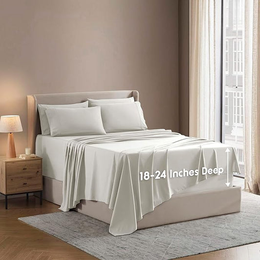 Nestl Extra Deep Split King Sheet Set - 7 Piece Breathable & Cooling Sheets - Hotel Luxury Bedding Set w/18-24 Inch Deep Pockets - Easy & Secure Fit - Super Soft, Wrinkle Free & Comfy - Off White