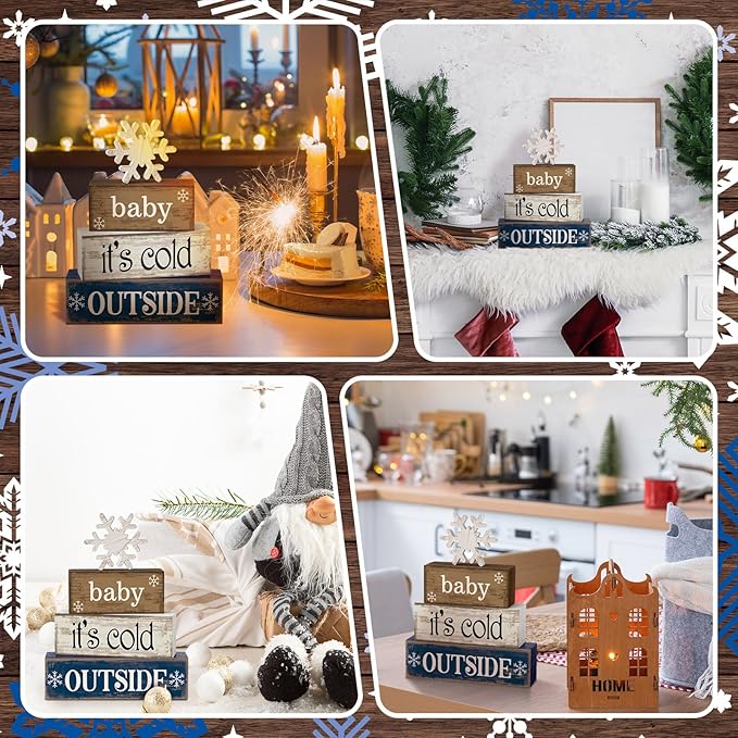 4 Pcs Winter Wooden Tabletop Decor Snowflake Tiered Tray Decor Winter Centerpiece Rustic Snow Block Signs Farmhouse Table Shelf Decoration for Home Office Party
