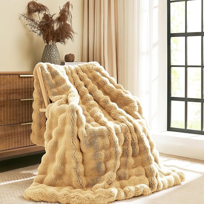 L'AGRATY Faux Rabbit Fur Blanket: 60" x 80" Twin Luxury Soft Fluffy Thick Fur Throw Blanket for Couch Bed - Cozy Plush Bubble Blankets for Winter: Flannel Fleece Decorative Blanket(Milk Tea Brown)