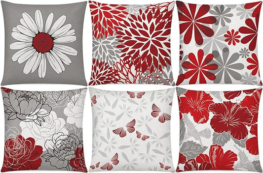COMMINY Red Grey Pillow Covers 18x18 Set of 6 Decorative Burgundy Daisy Throw Pillow Cover for Couch Modern Farmhouse Cushion Pillow Case for Living Room Patio Home Decor