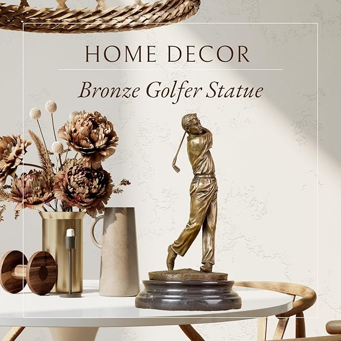 12.2'' Modern Golf Man Bronze Statue, Bronze Golfer Figurine Sculpture Ornament with Marble Base, Classical Art Craft for Home, Office Decor, Collection, Gift
