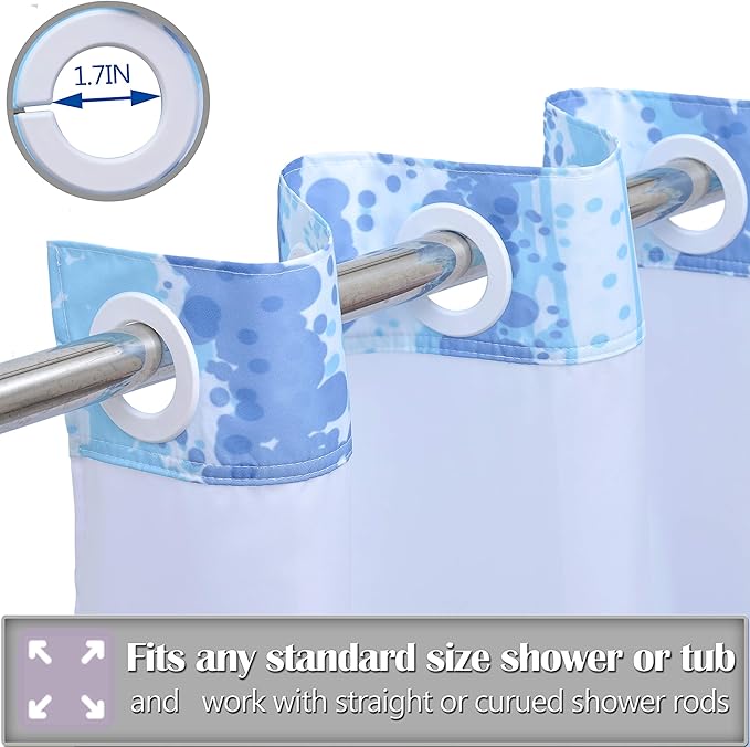 Conbo Mio No Hook Shower Curtain with Snap in Liner Set, Hotel Luxury Blue Shower Curtains for Bathroom with See Through Top Window, Waterproof, Washable 71W x 74H