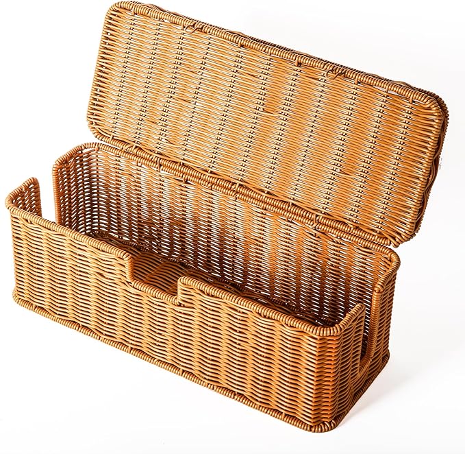 Handmade Cable Management Box, Rattan Cord Organizer Basket with Border Bar Lid, 3 Open Slots Cords Hider Box, Desk Organizer for TV Wires Computer Router USB Hub & Power Strip (Natural)