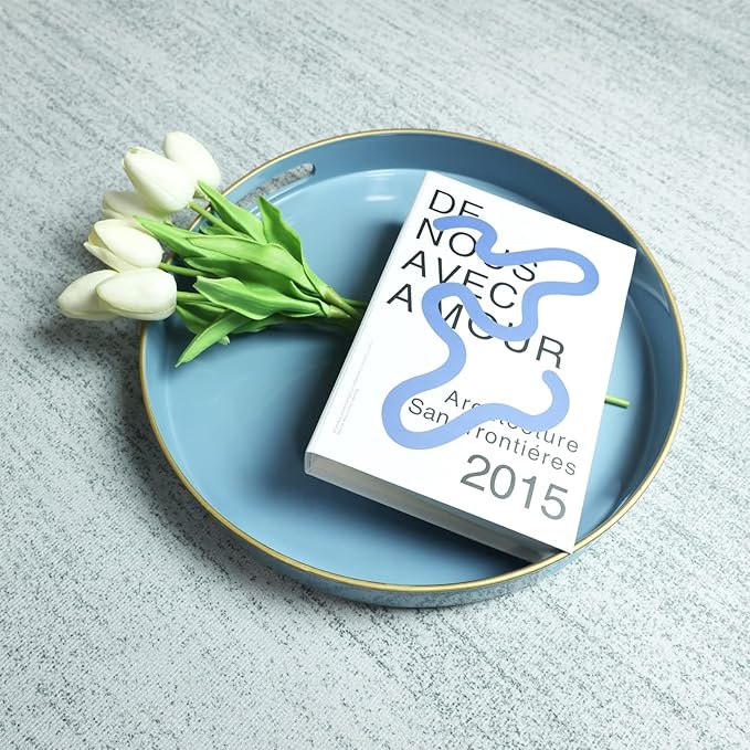 Spsyrine Round Blue Decorative Tray, 13" Plastic Serving Table Tray with Handles for Breakfast, Ottoman, Coffee Table, Bathroom, Kitchen, Living Room