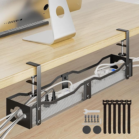 DELAMU 25'' Upgraded Under Desk Cable Management, No Dill Desk Cable Management with F-Clamp, Metal Cable Management Tray to Cord Organizer for Home Office, 1 Pack, Black