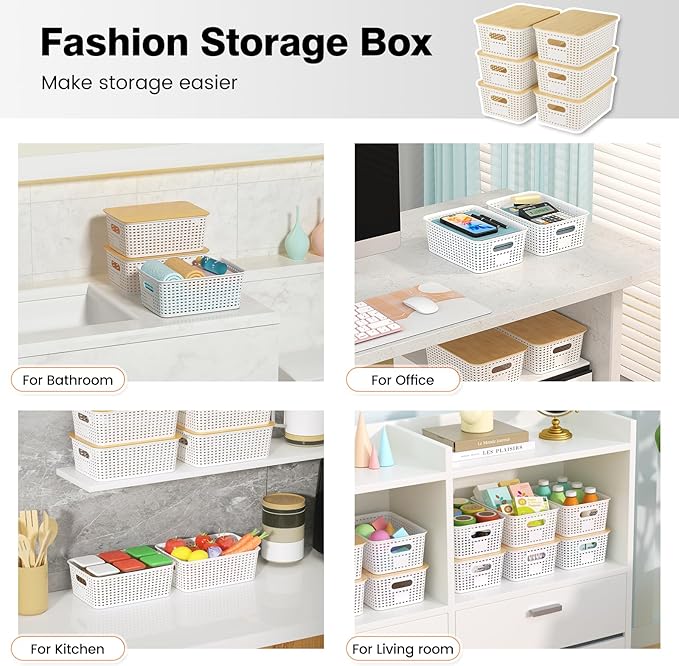 Plastic Storage Baskets With Bamboo Lid - Plastic Storage Containers Stackable Storage bins: Storage Baskets for Organizing Shelves Drawers Desktop Closet Playroom Classroom Office, 6 Pack