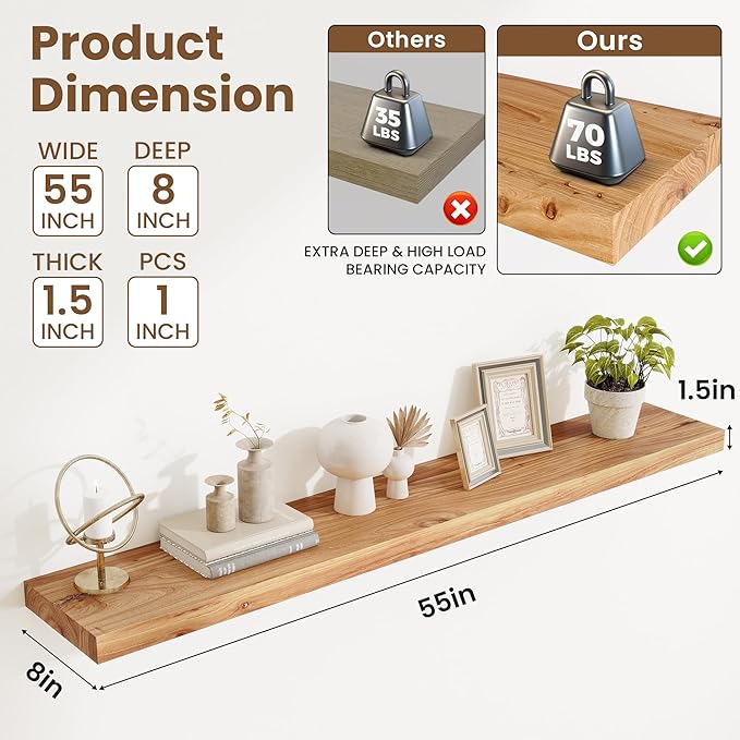 Floating Shelves, 8" Deep Rustic Solid Elm Wood Wall Mounted Floating Shelves, Wall Shelves with Invisible Bracket for Living Room Bathroom Bedroom Kitchen, 55 Inch, Natural