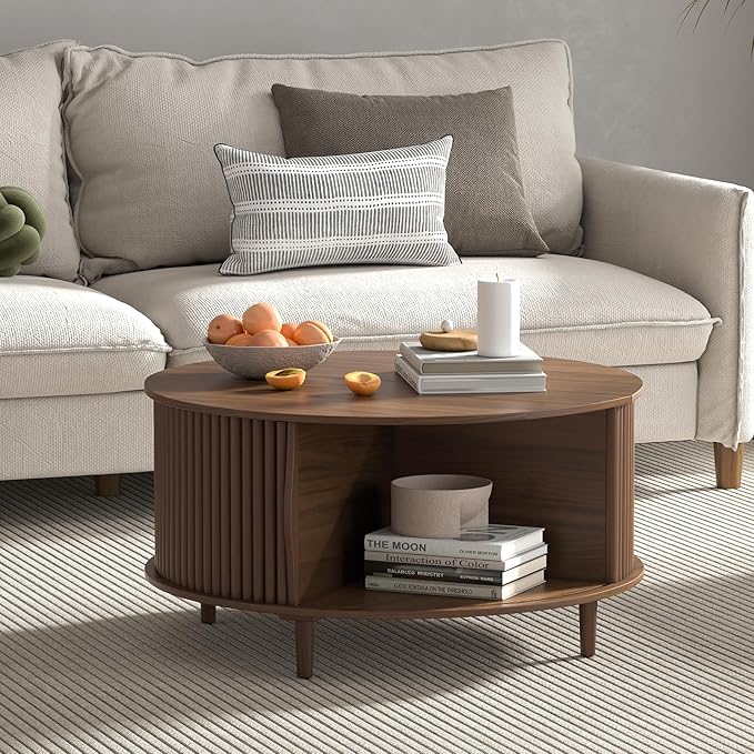 Round Coffee Table with Storage, 31.5" Center Table with Sliding Door,Fluted Small Coffee Table for Living Room,Walnut
