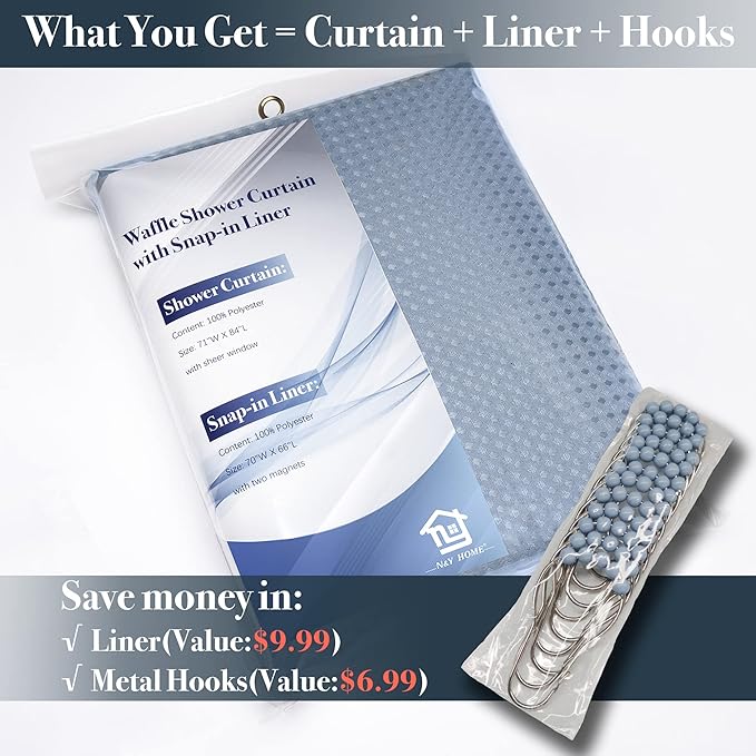 N&Y HOME Extra Long Waffle Weave Shower Curtain with Snap-in Fabric Liner & Hooks Set - 71" x 84", Hotel Style & Mesh Top Window, Machine Washable to Easy Clean - 71x84 Inches, Blue