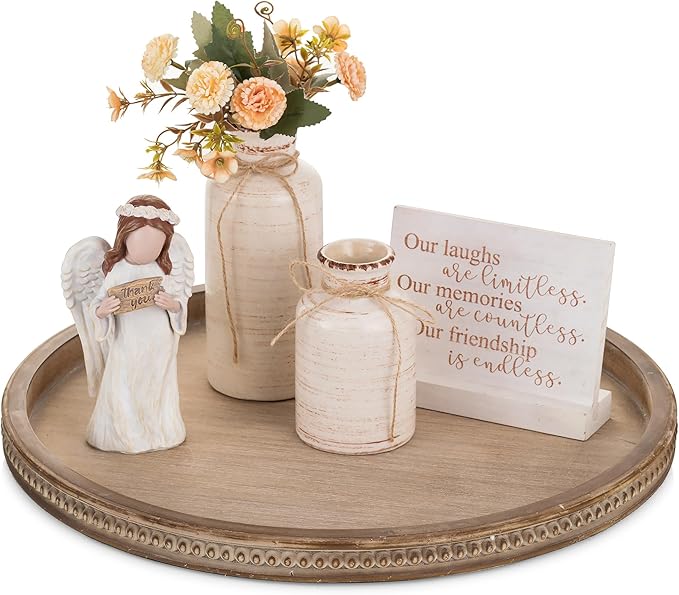 Hanobe Large Round Decorative Tray: Coffee Table Beaded Trays Rustic Wood Trays Decor Farmhouse Ottoman Circle Vintage Centerpiece Wooden Serving for Living Room Home for Counter, Brown