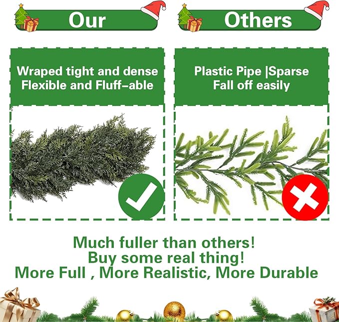 6FT Real Touch Norfolk Pine Garland, Faux Cedar Garland Realistic for Outdoor Indoor Christmas Holiday Winter Decoration（6FT D）
