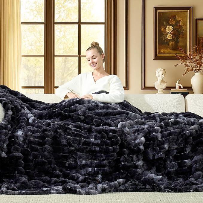 Cozy Bliss Faux Fur Throw Blanket for Couch, Cozy Warm Plush Striped Blanket for Sofa Bedroom Living Room, 108 * 90 Inches Tie-dye Black