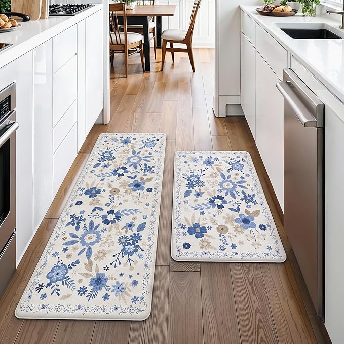 GENIMO Kitchen Mats for Floor 2PCS, Cushioned Kitchen Rugs Non Slip Washable, Farmhouse Anti Fatigue Mat Waterproof, Comfort Standing Mat Rug for Office, Home, Laundry, 17.3"x47"+17.3"x30", Beige&Blue