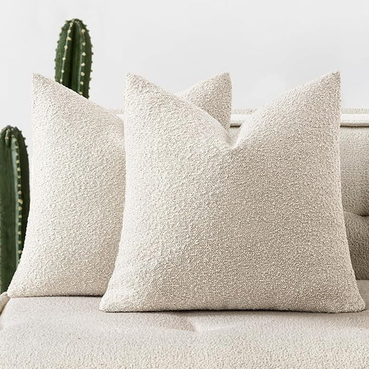 Woaboy Pack of 2 22x22 Inch Decorative Boucle Throw Pillow Covers Textured Square Pillowcaes Accent Euro Solid Cozy Soft Cushion Covers Home Decor for Sofa Couch Living Room Home Decor,Natural Beige