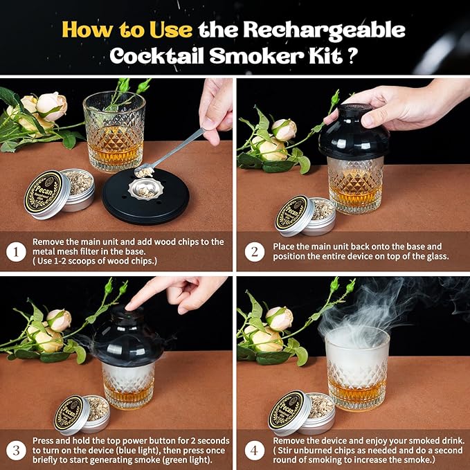 Electric Whiskey Smoker Kit, Rechargeable Cocktail Bourbon Smoker Kit with 6 Wood Chips for Whiskey Cocktails, Old Fashioned Drink Smoker Kit Birthday Christmas Gifts for Men, Dad, Husband (No Butane）
