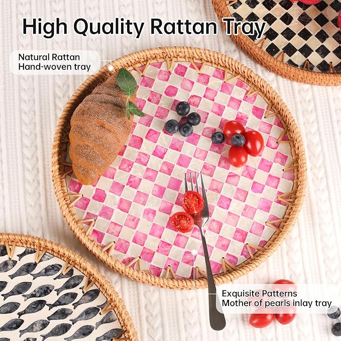 Round Rattan Tray with Mother of Pearl Inlay, Rattan Serving Tray for Coffee, Bread, Fruits, Decorative Wicker Tray for Table Decor, Home Decor, Kitchen Island Decor(Pink Checkerboard, 11.8")