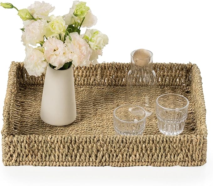Wicker Scalloped Serving Tray with Handles - Seagrass Handwoven Trays,Water Hyacinth Tray for Home Decor and Living Room, Dining Table, Bathroom Organizing, 16.9" L x 12.9" W x 1.96" H