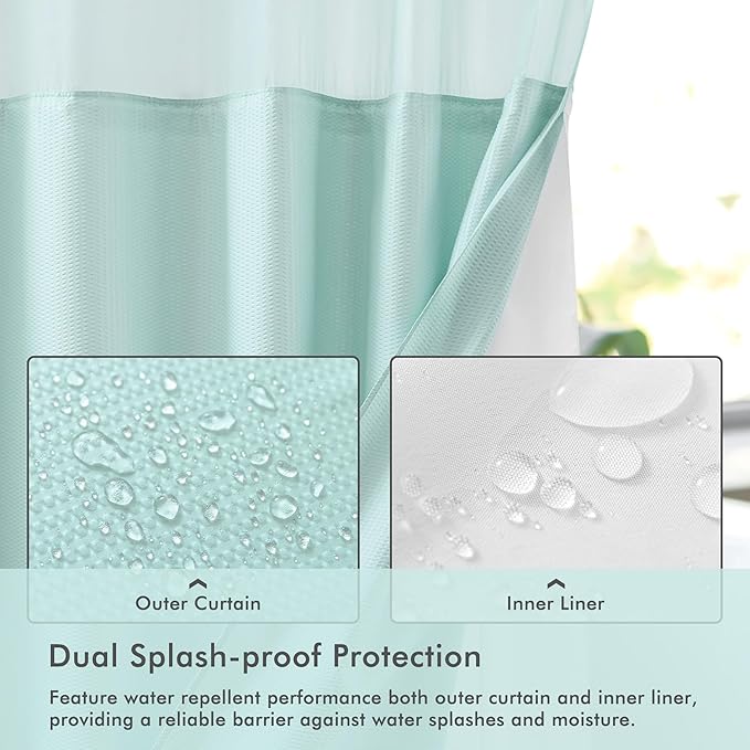 Mrs Awesome No Hook Shower Curtain with Snap-in Liner, Embossed Waffle Design Fabric Shower Curtain for Bathroom, Soft & Lightweight, 71x74, Sky Blue