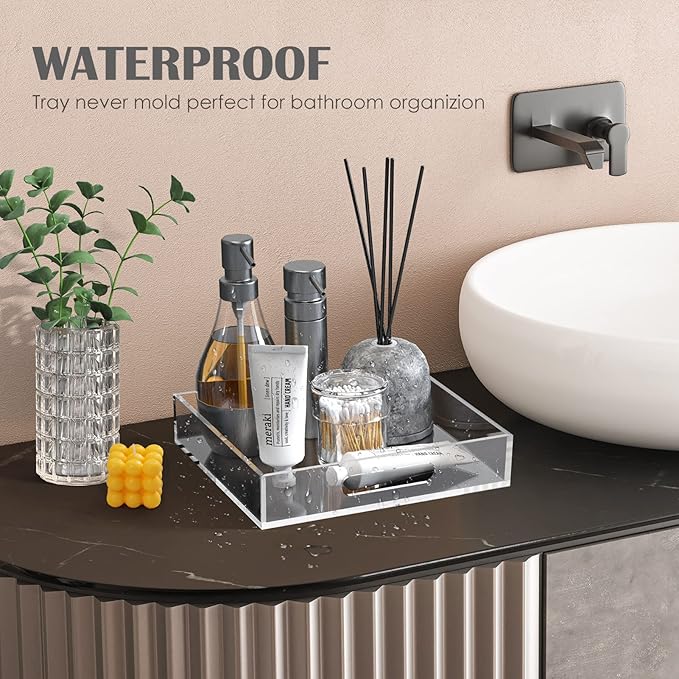 Home Decorative Coffee Table Tray, 10"x10" Elegant Acrylic Serving Trays with Handles Works for Eating, Breakfast, Makeup Drawer Organizer,Bathroom Vanity Table,Ottoman Tray, Clear