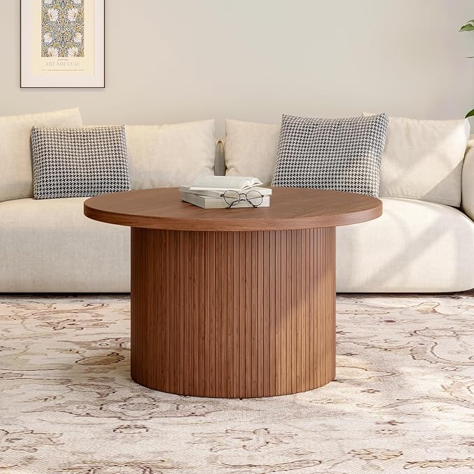 ONBRILL 31.5" Round Coffee Table, Tambour Design Coffee Tables for Living Room, Mid Century Modern Wood Coffee Table, Drum Accent Small Center Table, Walnut