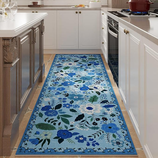 Rugcomf Runner Rug for Hallways Kitchen Rug Non Slip 2'x 6' Washable Runner Rugs with Rubber Backing Soft Floral Carpet Runner for Hallways, Kitchen, Laundry, Bedroom, Bathroom(Blue)