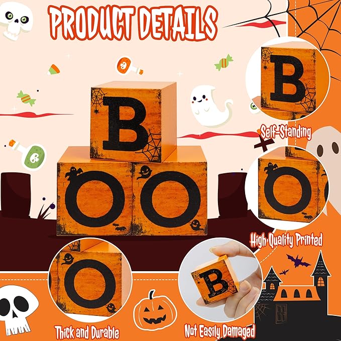 3 Pcs Halloween Wooden Tiered Tray Decor, Boo Decorations Gifts for Home, Halloween Table Centerpiece for Fall Party Kitchen